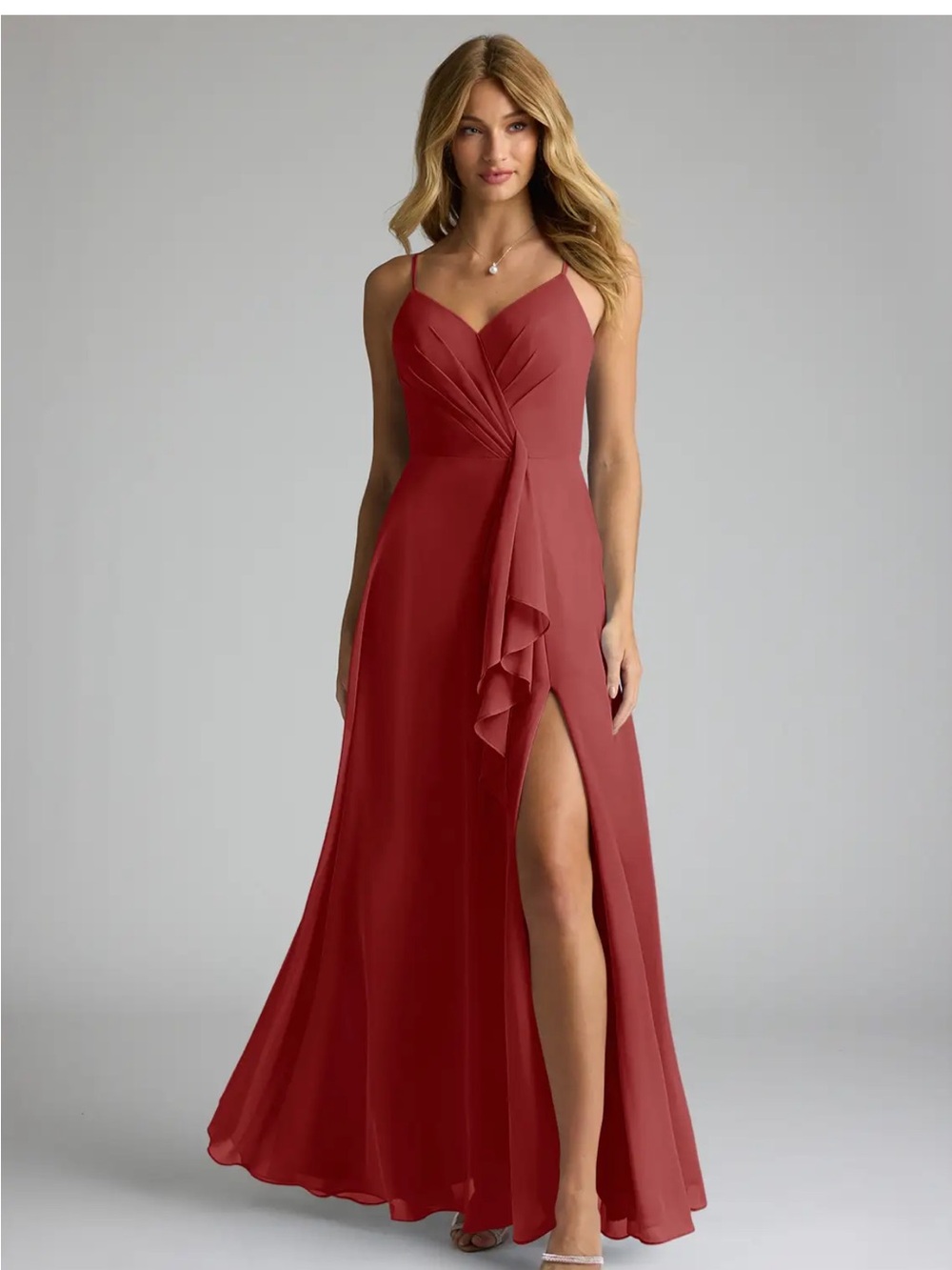 AZAZIE Spaghetti Strap V-Neck Ruffled Slit Chiffon Maxi Bridesmaid Gown 4
